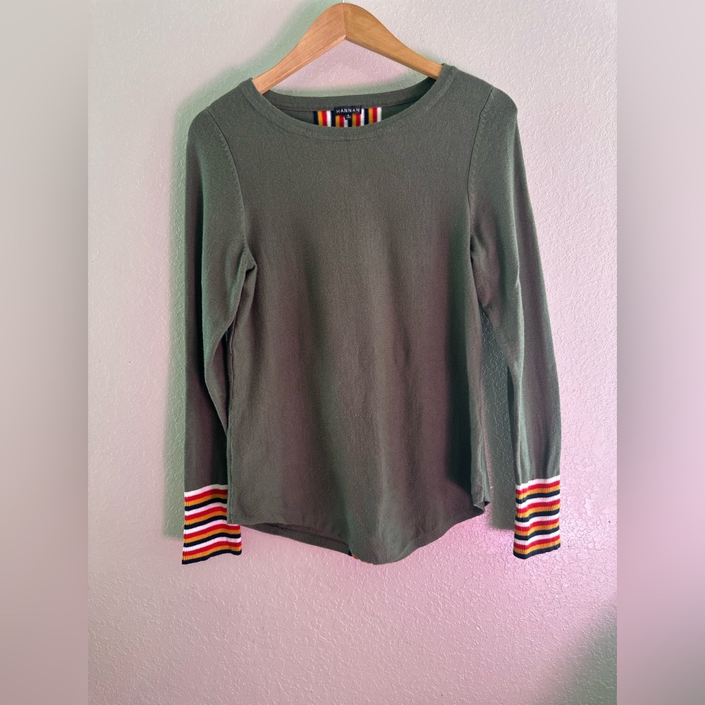 Hannah Round Neck Cypress Green Striped Trim‎ Pullover Sweater Top size S